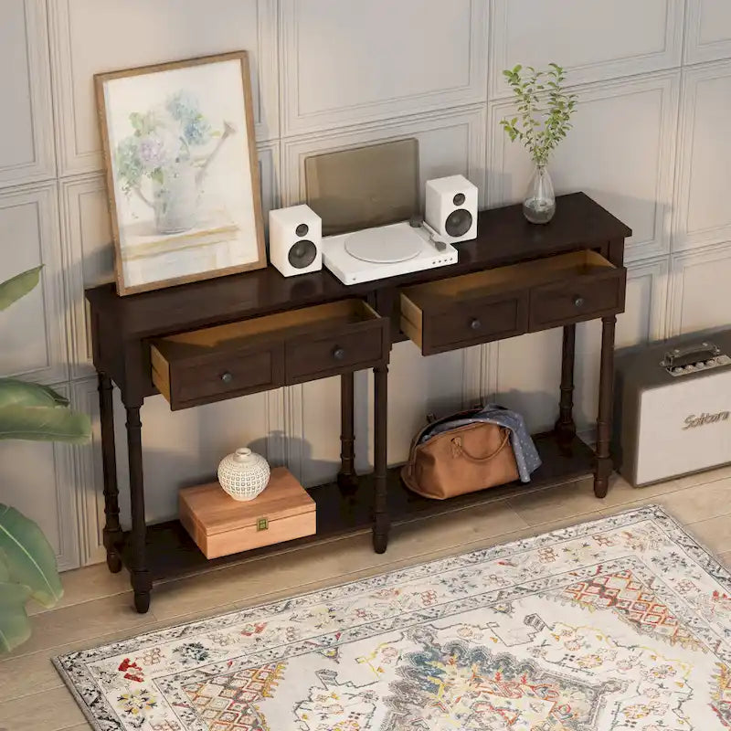 Console d'entrée avec deux tiroirs de rangement et une étagère inférieure