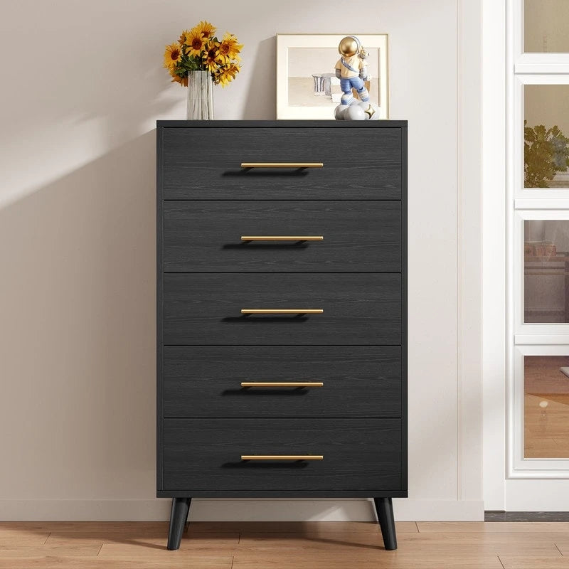 Commode de chambre à 5 tiroirs, haute avec poignées métalliques