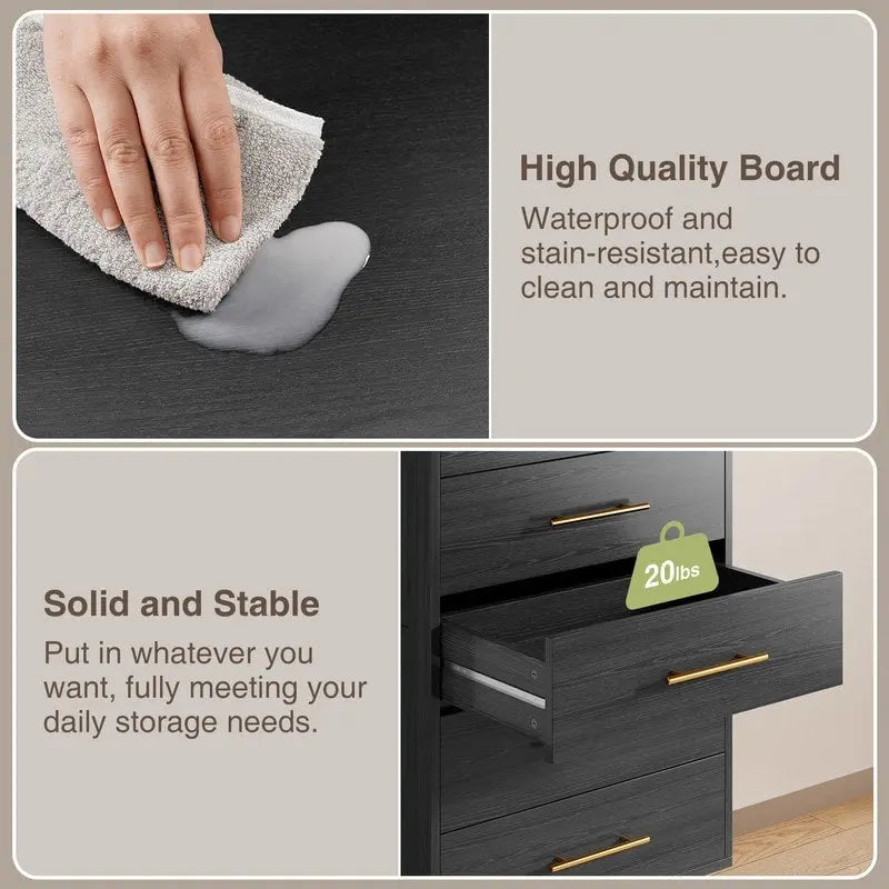 Commode de chambre à 5 tiroirs, haute avec poignées métalliques