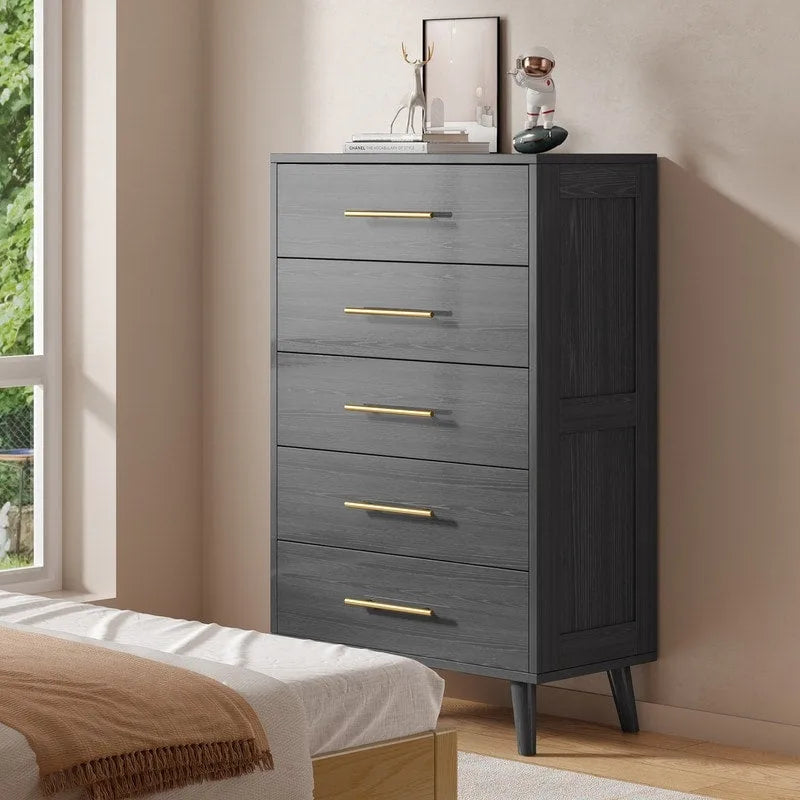 Commode de chambre à 5 tiroirs, haute avec poignées métalliques