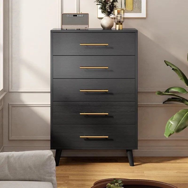 Commode de chambre à 5 tiroirs, haute avec poignées métalliques