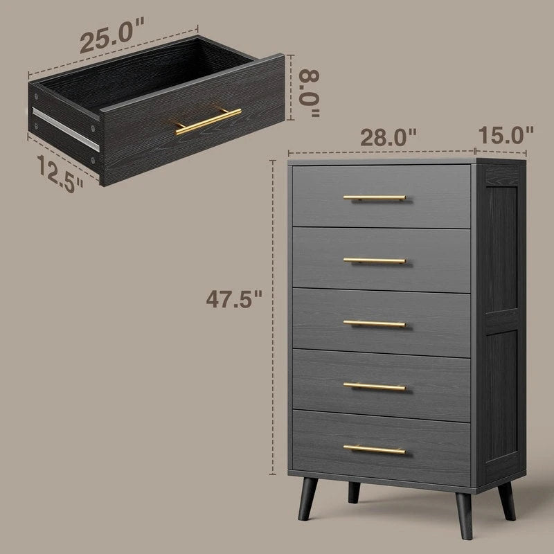 Commode de chambre à 5 tiroirs, haute avec poignées métalliques