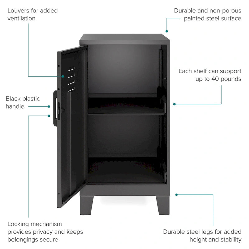 Armoire de rangement compacte à 2 étagères avec porte ventilée, 27,5 po H