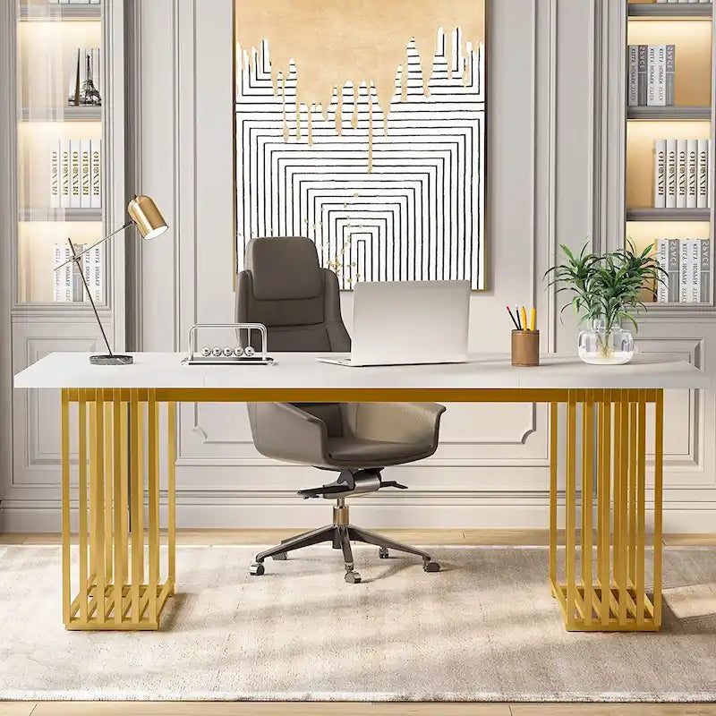 70,9 Table de bureau moderne, bureau de direction blanc avec cadre en métal doré