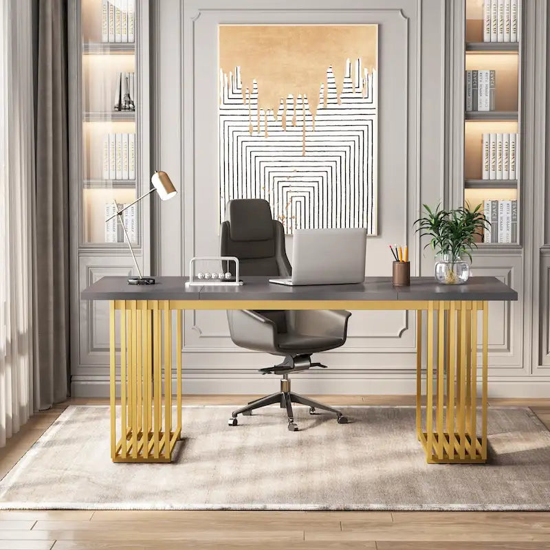 70,9 Table de bureau moderne, bureau de direction blanc avec cadre en métal doré