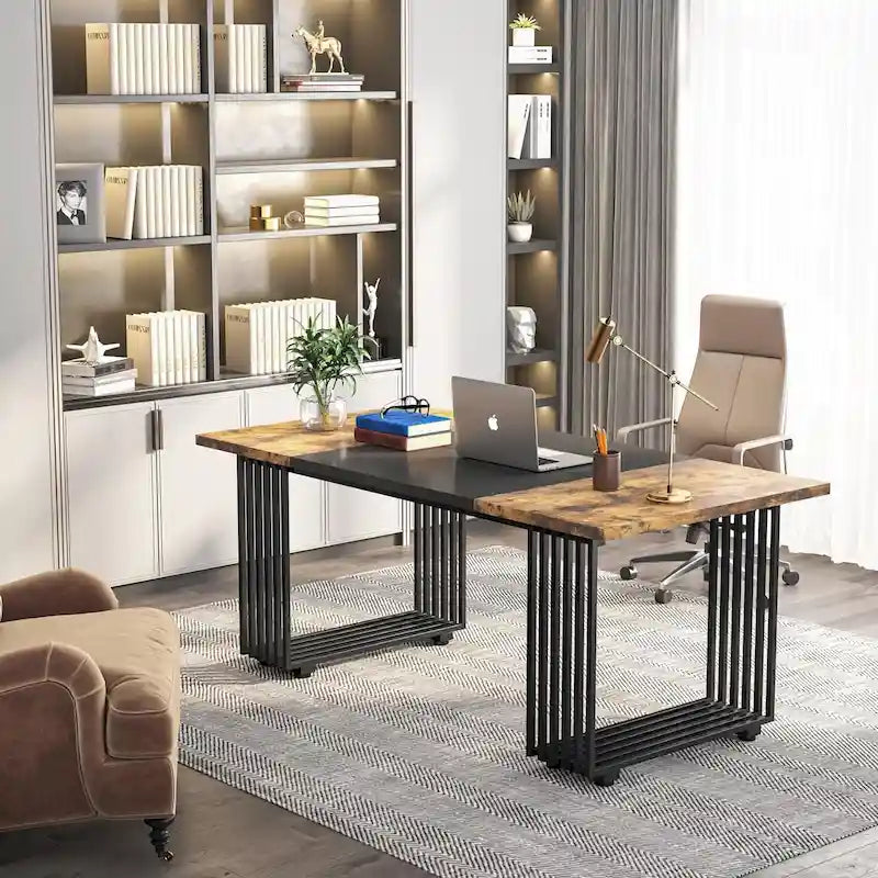 70,9 Table de bureau moderne, bureau de direction blanc avec cadre en métal doré