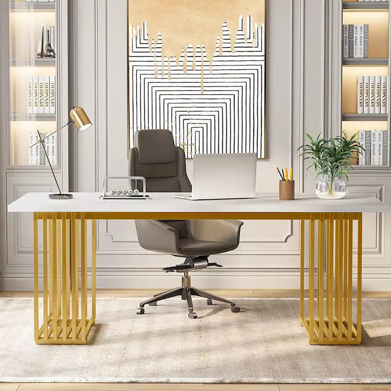 70.9 Modern Office Desk, White Executive Desk with Gold Metal Frame