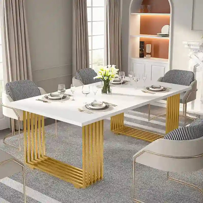 70,9 Table de bureau moderne, bureau de direction blanc avec cadre en métal doré