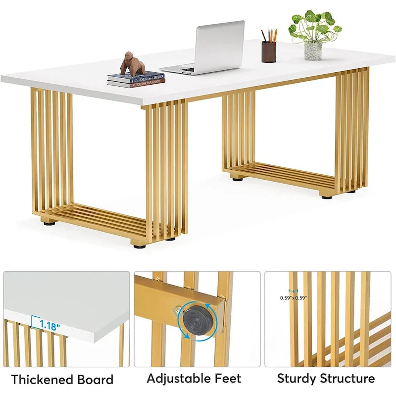 70,9 Table de bureau moderne, bureau de direction blanc avec cadre en métal doré