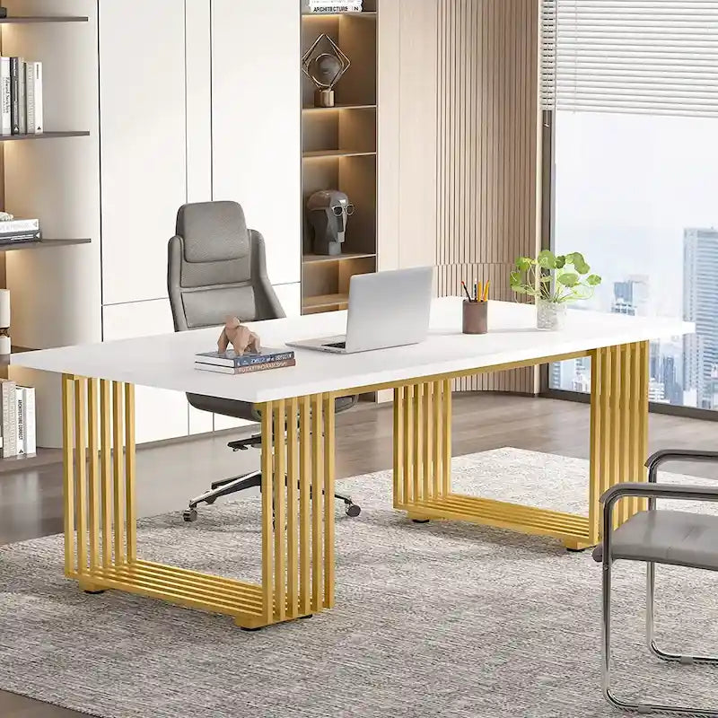70,9 Table de bureau moderne, bureau de direction blanc avec cadre en métal doré