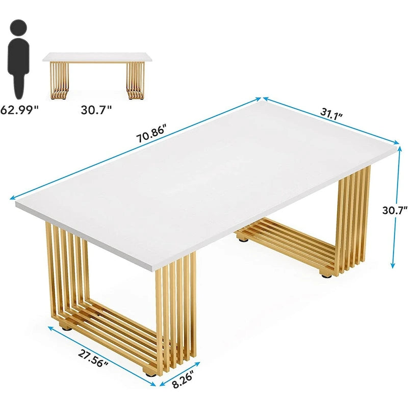 70,9 Table de bureau moderne, bureau de direction blanc avec cadre en métal doré