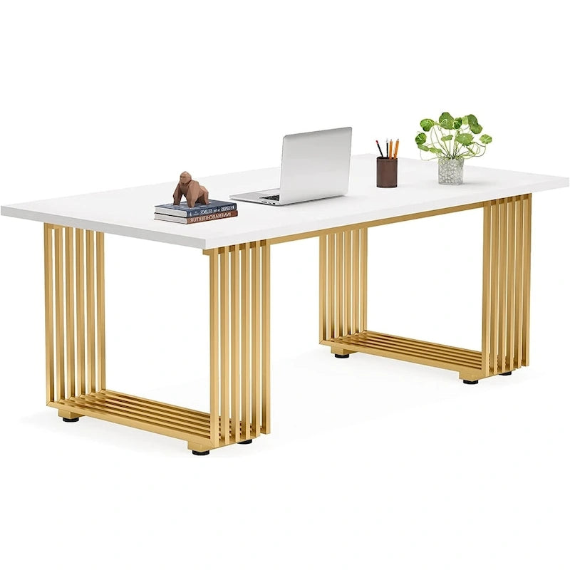 70,9 Table de bureau moderne, bureau de direction blanc avec cadre en métal doré
