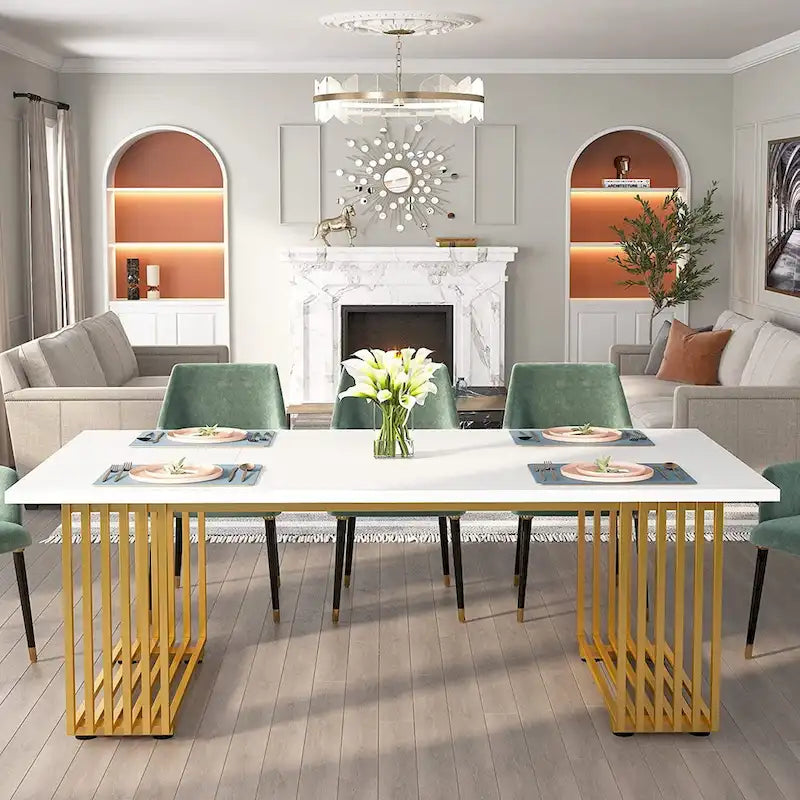 70,9 Table de bureau moderne, bureau de direction blanc avec cadre en métal doré