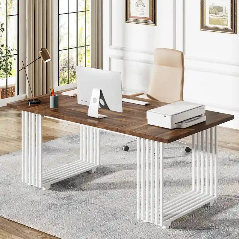 70,9 Table de bureau moderne, bureau de direction blanc avec cadre en métal doré