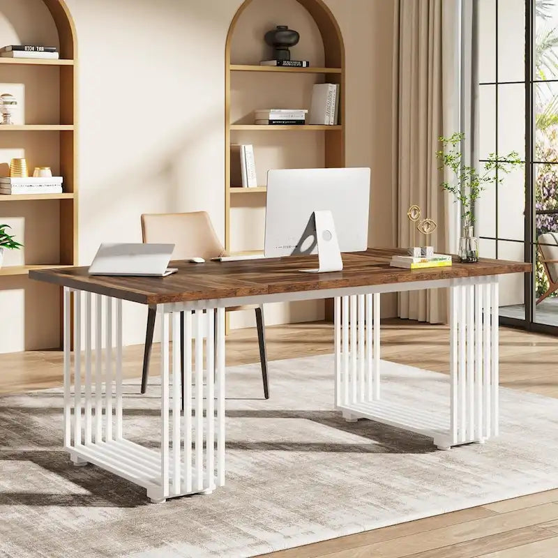 70,9 Table de bureau moderne, bureau de direction blanc avec cadre en métal doré