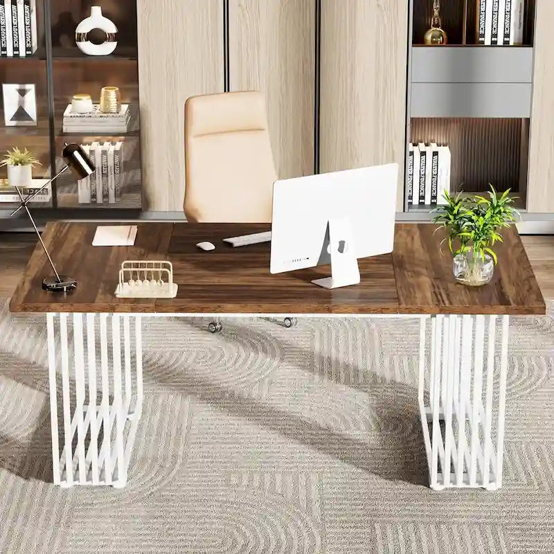 70,9 Table de bureau moderne, bureau de direction blanc avec cadre en métal doré