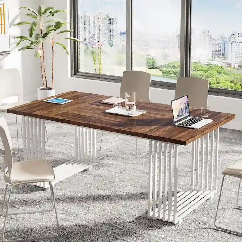 70,9 Table de bureau moderne, bureau de direction blanc avec cadre en métal doré