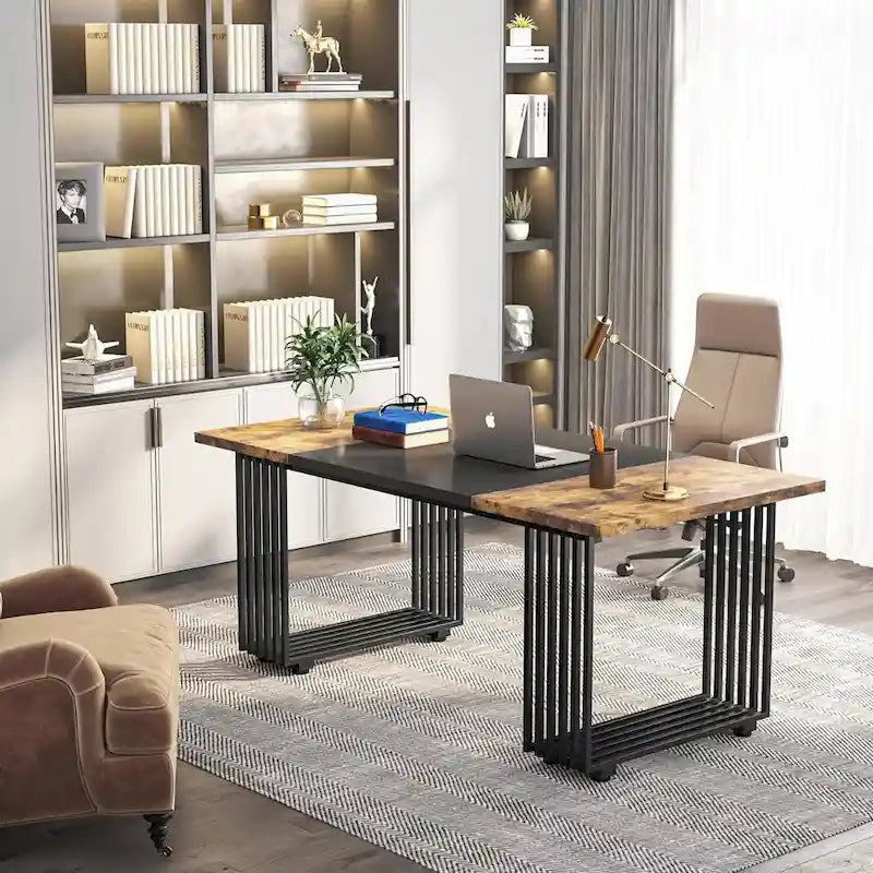 70,9 Table de bureau moderne, bureau de direction blanc avec cadre en métal doré