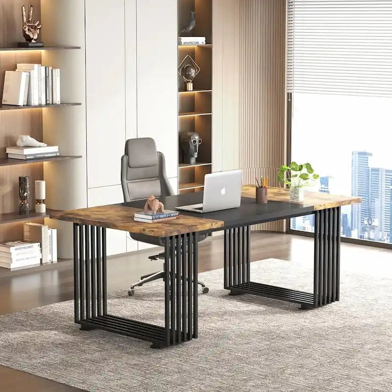 70,9 Table de bureau moderne, bureau de direction blanc avec cadre en métal doré