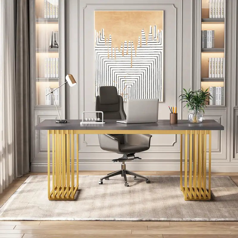 70,9 Table de bureau moderne, bureau de direction blanc avec cadre en métal doré