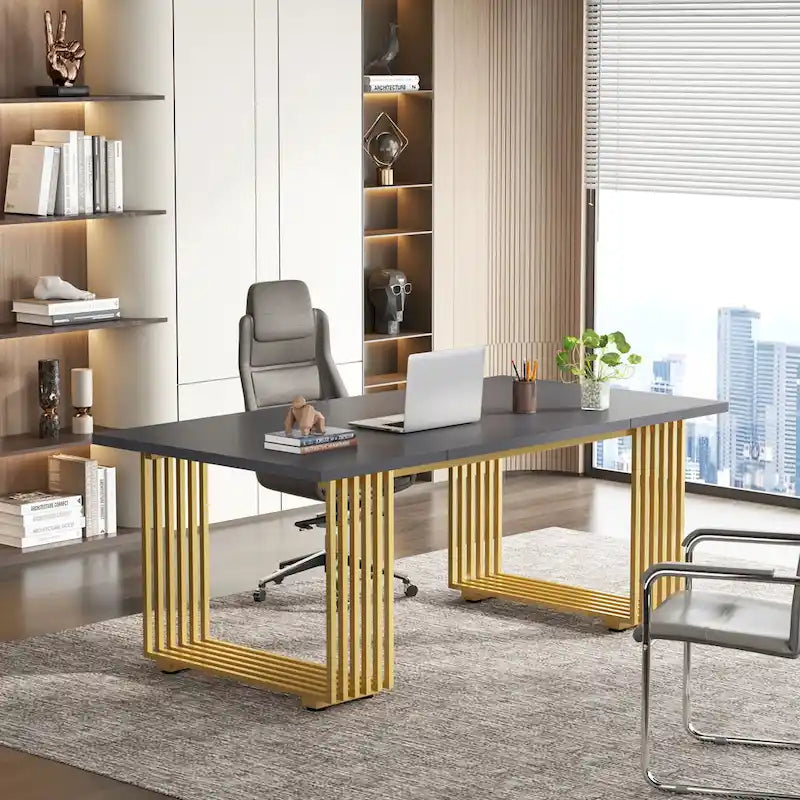70,9 Table de bureau moderne, bureau de direction blanc avec cadre en métal doré