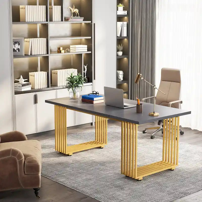 70,9 Table de bureau moderne, bureau de direction blanc avec cadre en métal doré