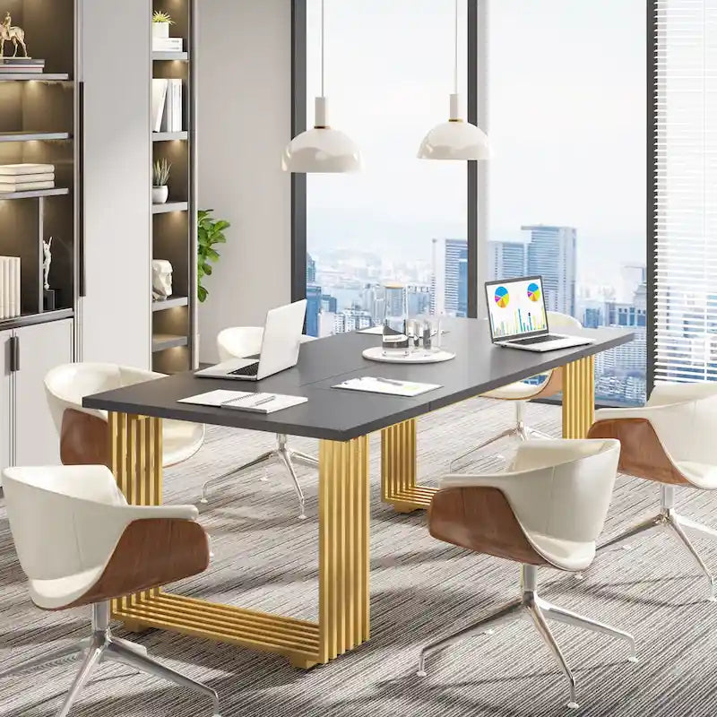 70,9 Table de bureau moderne, bureau de direction blanc avec cadre en métal doré