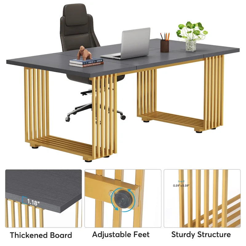 70,9 Table de bureau moderne, bureau de direction blanc avec cadre en métal doré