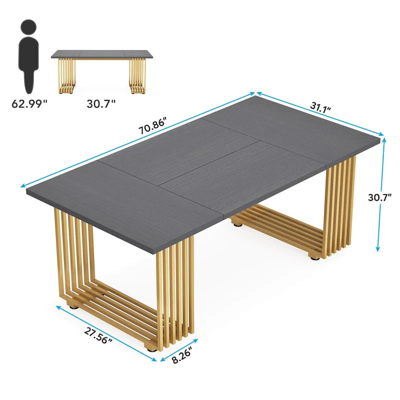 70,9 Table de bureau moderne, bureau de direction blanc avec cadre en métal doré