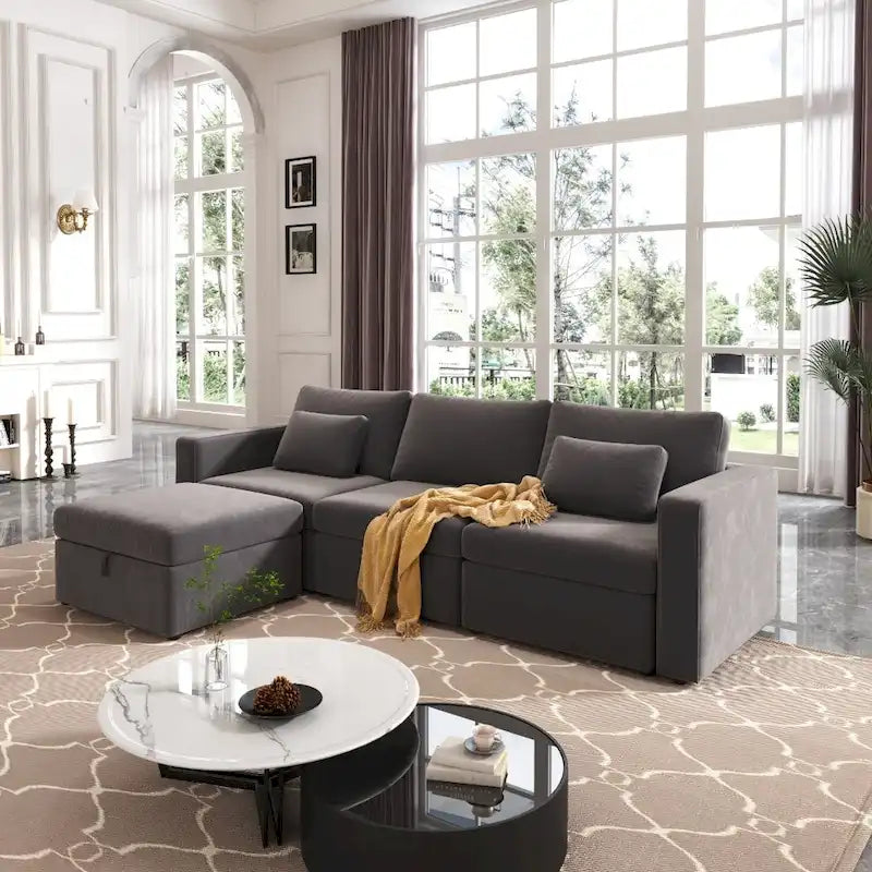 Canapé d'angle moderne en coton et lin, canapé d'angle surdimensionné, canapé-méridienne avec poufs de rangement pour le salon