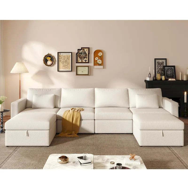 Canapé d'angle moderne en coton et lin, canapé d'angle surdimensionné, canapé-méridienne avec poufs de rangement pour le salon