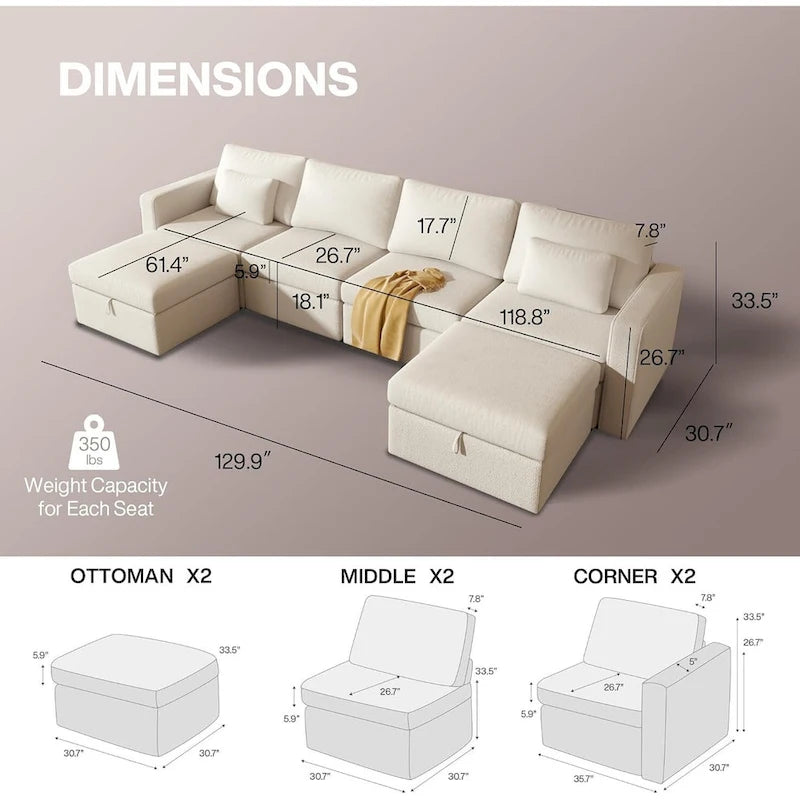 Canapé d'angle moderne en coton et lin, canapé d'angle surdimensionné, canapé-méridienne avec poufs de rangement pour le salon