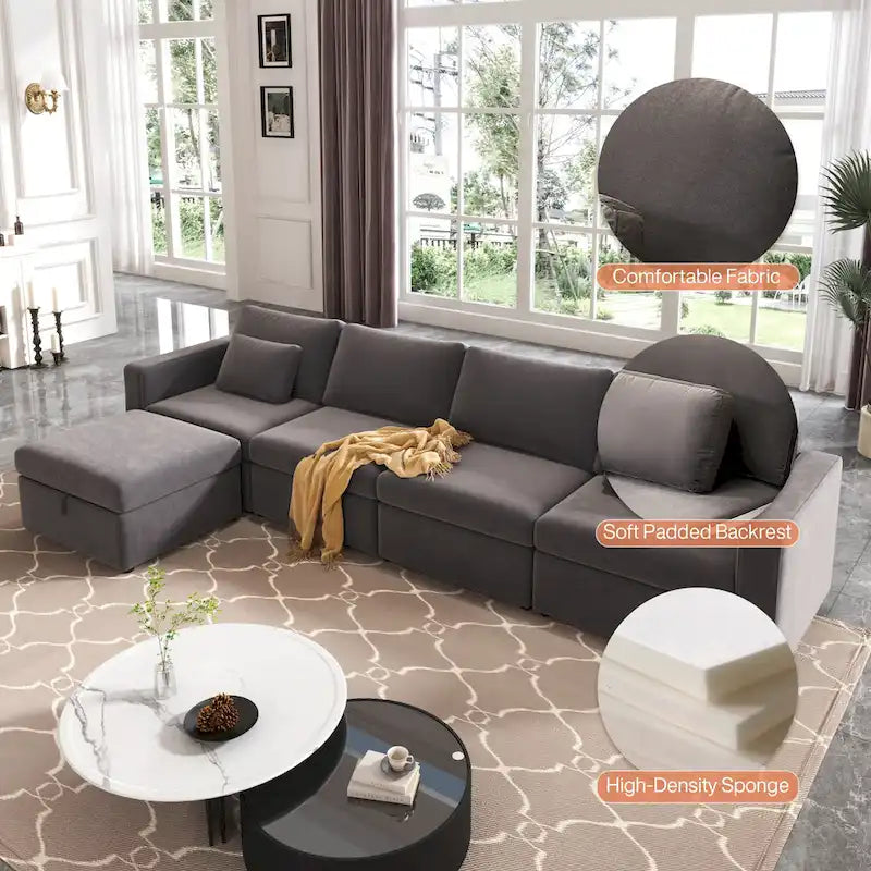 Canapé d'angle moderne en coton et lin, canapé d'angle surdimensionné, canapé-méridienne avec poufs de rangement pour le salon