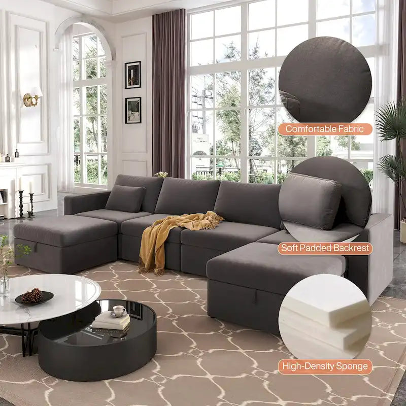 Canapé d'angle moderne en coton et lin, canapé d'angle surdimensionné, canapé-méridienne avec poufs de rangement pour le salon