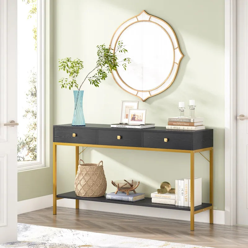 Console avec 3 tiroirs, table d'entrée noire avec étagères de rangement
