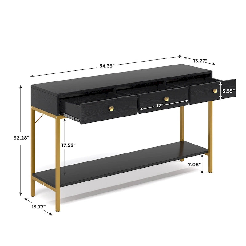 Console avec 3 tiroirs, table d'entrée noire avec étagères de rangement