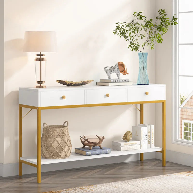 Console avec 3 tiroirs, table d'entrée noire avec étagères de rangement
