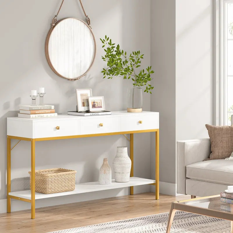 Console avec 3 tiroirs, table d'entrée noire avec étagères de rangement