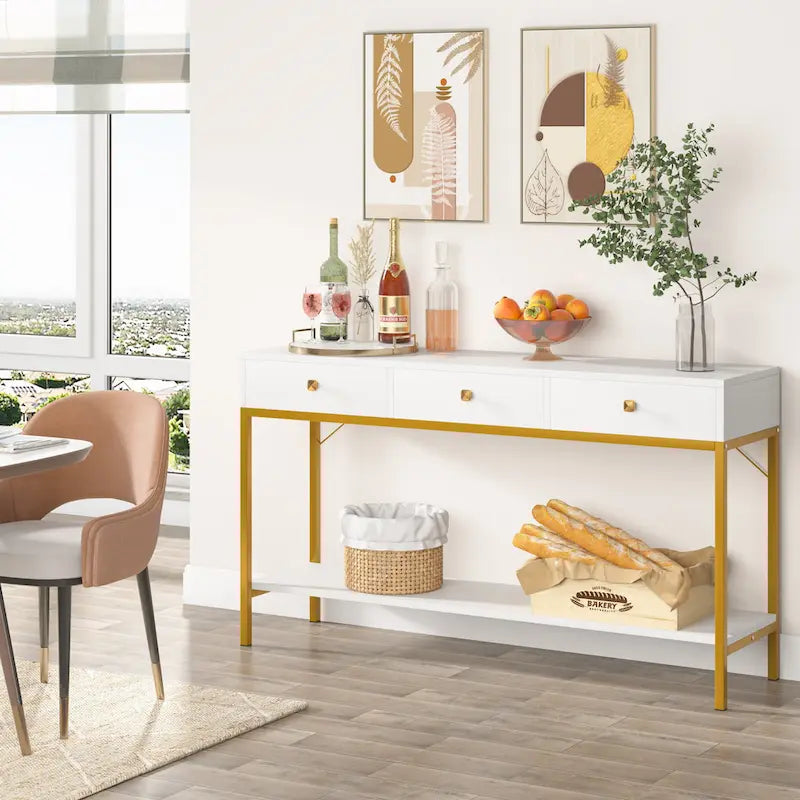 Console avec 3 tiroirs, table d'entrée noire avec étagères de rangement