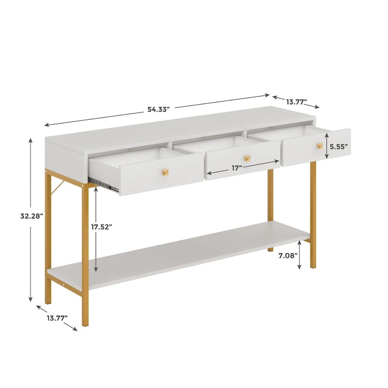 Console avec 3 tiroirs, table d'entrée noire avec étagères de rangement