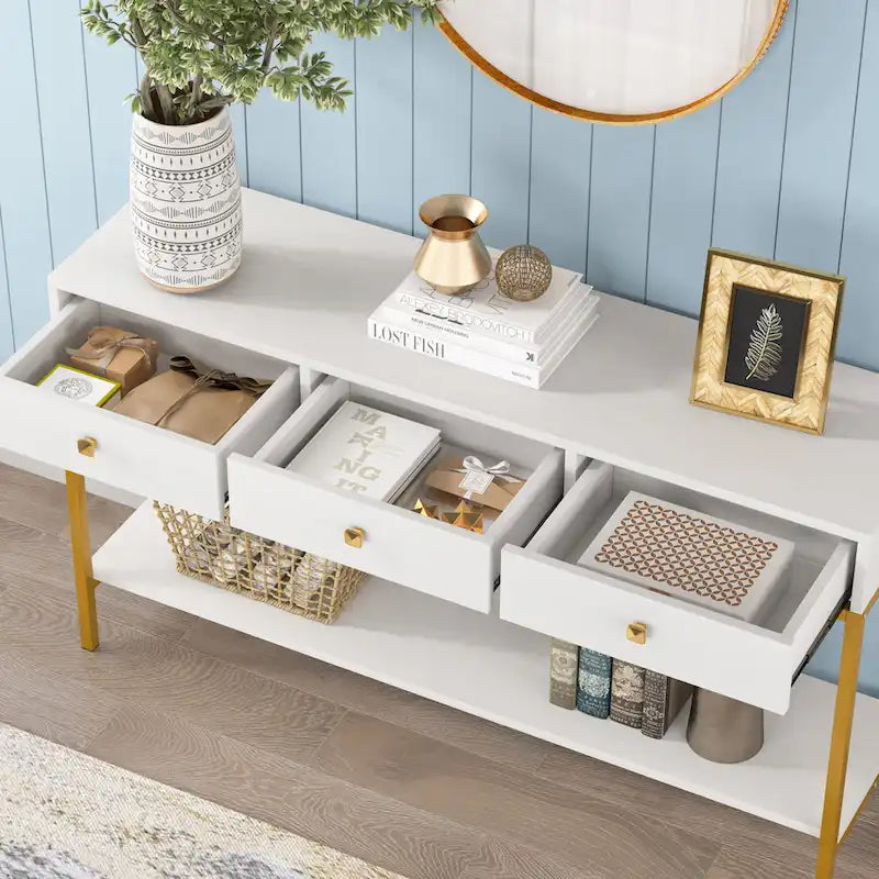 Console avec 3 tiroirs, table d'entrée noire avec étagères de rangement
