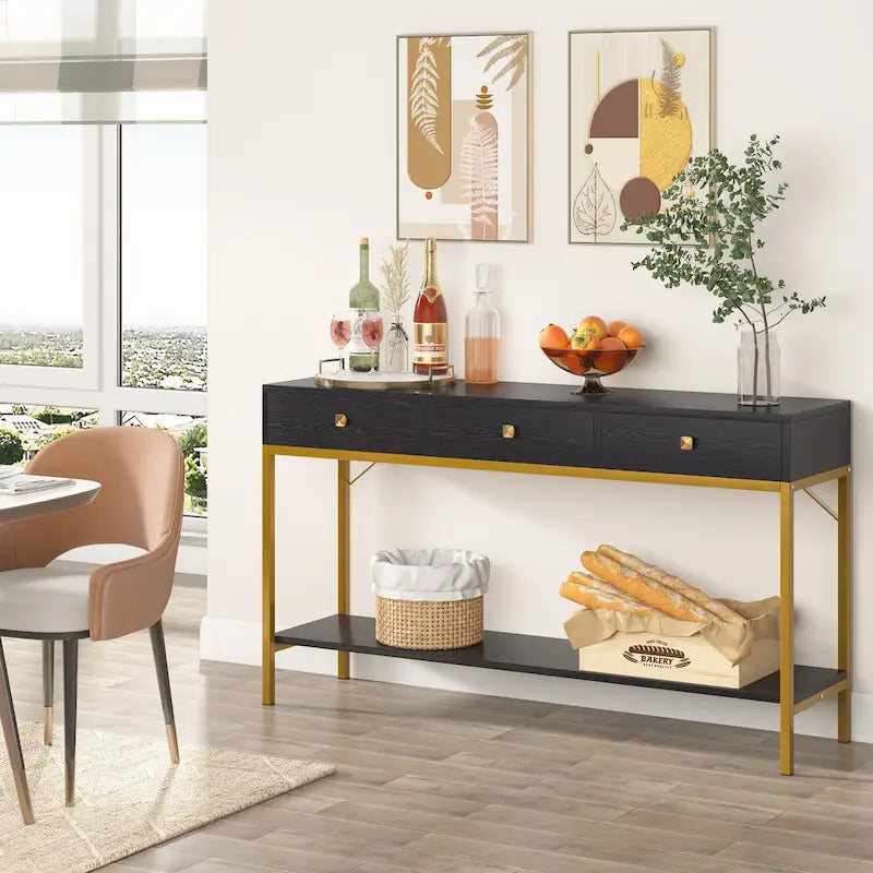 Console avec 3 tiroirs, table d'entrée noire avec étagères de rangement