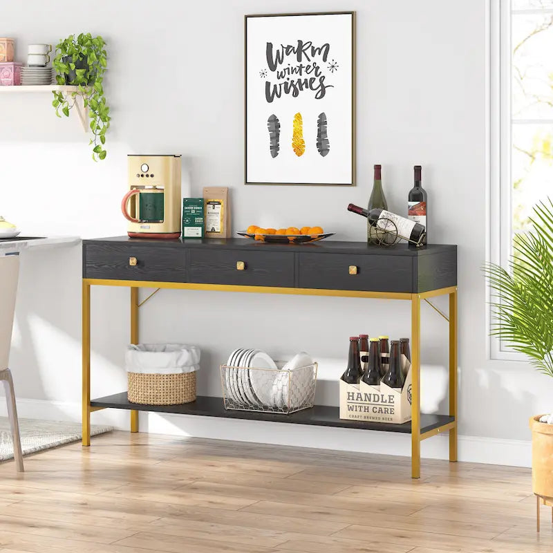Console avec 3 tiroirs, table d'entrée noire avec étagères de rangement