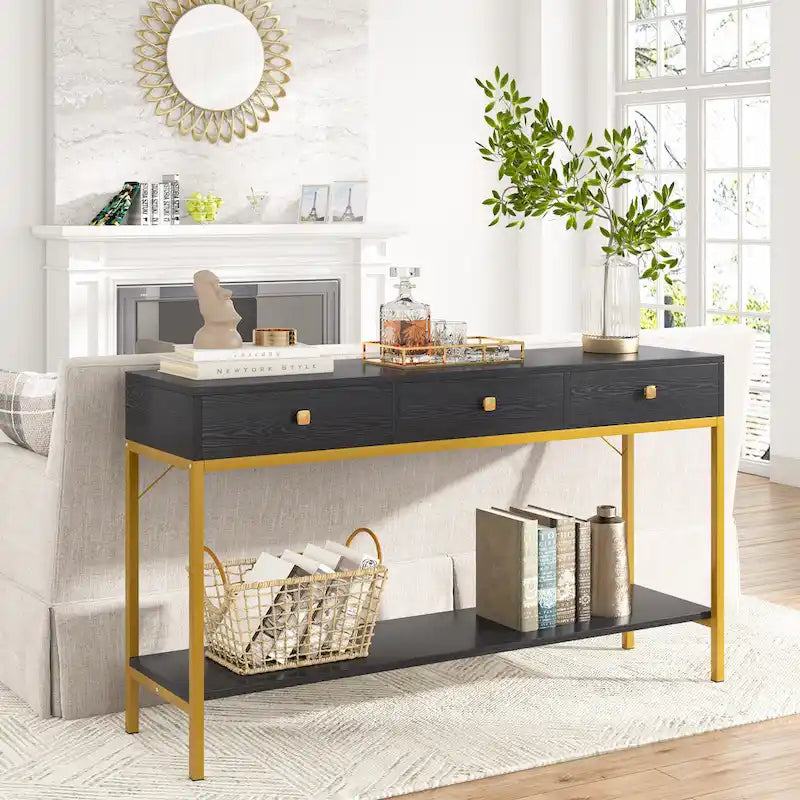 Console avec 3 tiroirs, table d'entrée noire avec étagères de rangement