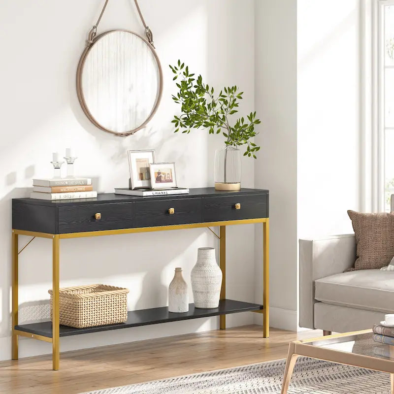 Console avec 3 tiroirs, table d'entrée noire avec étagères de rangement