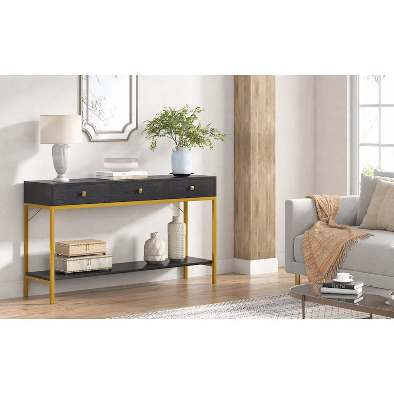 Console avec 3 tiroirs, table d'entrée noire avec étagères de rangement