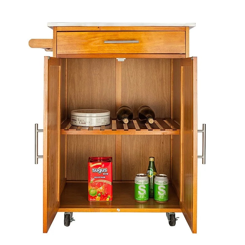 Chariot de cuisine portable en sapelli et hévéa avec plateau en acier inoxydable