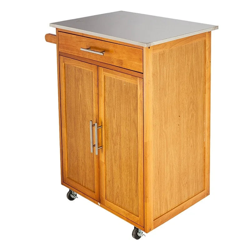 Chariot de cuisine portable en sapelli et hévéa avec plateau en acier inoxydable