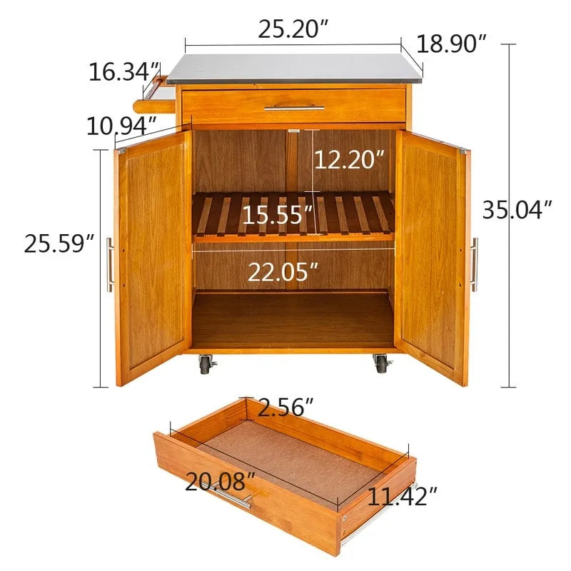 Chariot de cuisine portable en sapelli et hévéa avec plateau en acier inoxydable