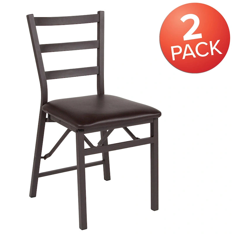 Lot de 2 chaises pliantes en métal marron avec dossier en échelle - Siège en vinyle marron - Meubles de salle à manger